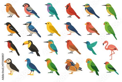 Colorful exotic bird icon set with songbirds, parrots, and tropical species