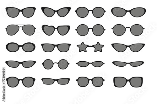 Stylized icon set of eyeglasses and sunglasses in black silhouette
