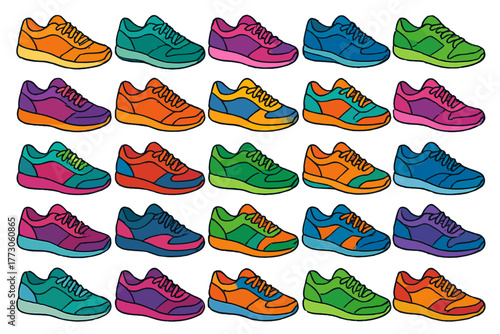 Colorful sneaker icon set in pop art style on gradient background