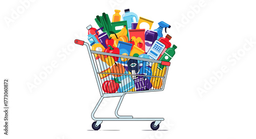 A supermarket shopping cart full of diverse products, including food, produce, and cleaning supplies, on a transparente background.