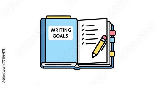 Illustrative notebook with 'Writing Goals' label and a pencil, symbolizing creative planning and setting objectives.