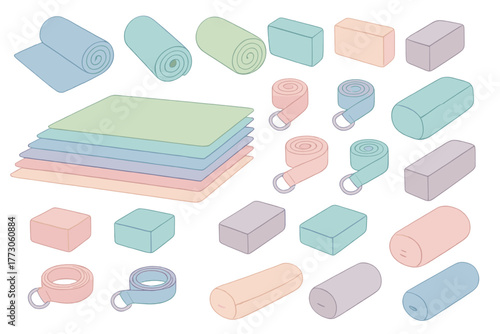 Pastel yoga props icon set featuring mats, blocks, straps, and bolsters