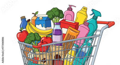 A shopping cart overflowing with fresh produce, household items, and pantry staples, ready for a busy week ahead.