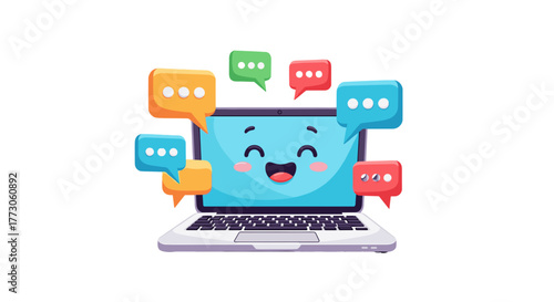 A joyful computer smiles amidst floating message bubbles, creating a digital scene of lively communication online.