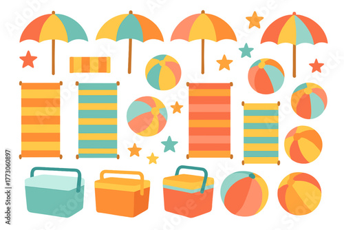 Colorful summer beach icon set with umbrellas and towels