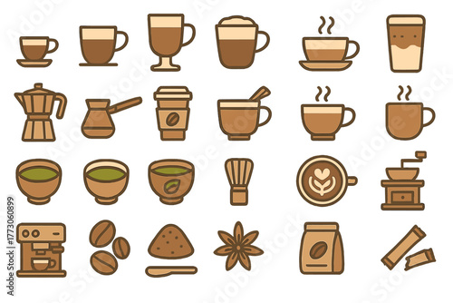 Set of coffee, tea, and brewing equipment icons