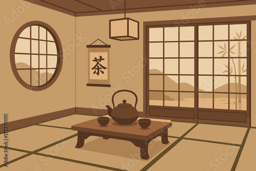 Traditional Japanese tea room with tatami mats and teapot