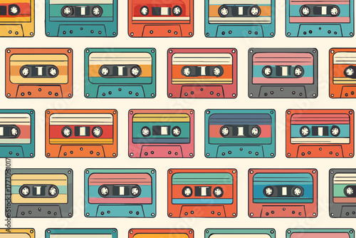 Retro cassette tape pattern in colorful vintage style