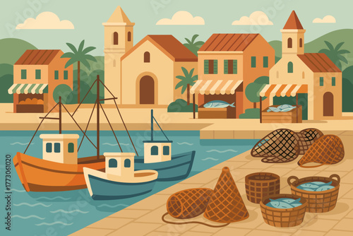 Charming coastal fishing village with boats and market stalls