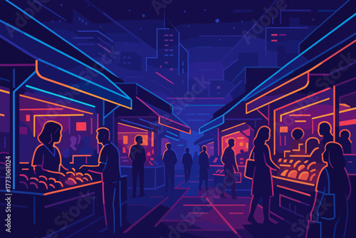 Vibrant night market in a neon-lit cityscape