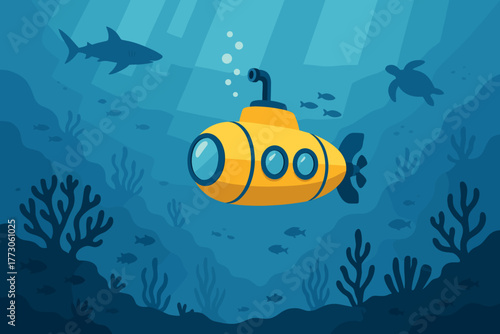 Yellow submarine exploring an underwater ocean scene