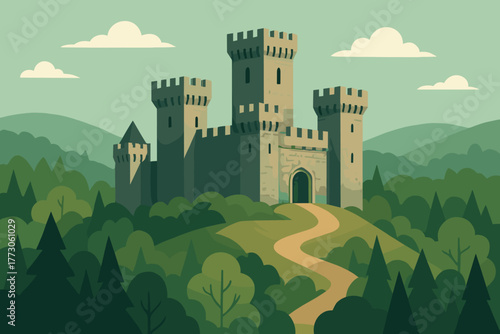 Medieval stone castle surrounded by a dense forest