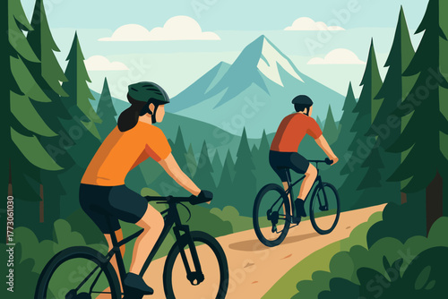 Cyclists riding mountain bikes through a forest trail