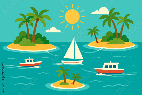 Tropical islands with sailboats and palm trees on a sunny day
