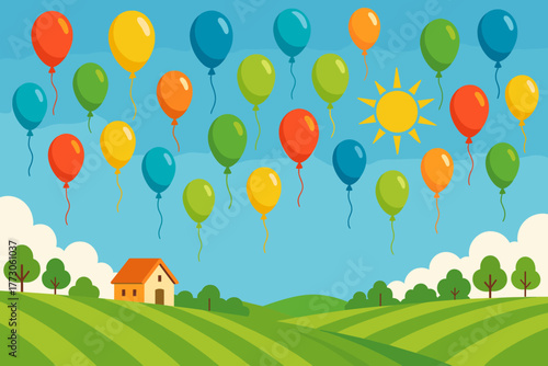 Colorful balloons floating over a sunny countryside landscape