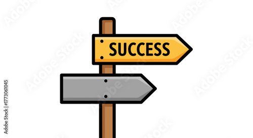 A wooden signpost points the way to success with a yellow arrow and a direction to the unknown on a gray arrow.