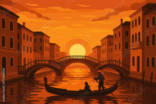 Romantic gondola ride at sunset through scenic canal city