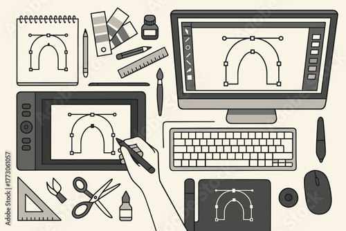 Graphic designer's workspace with digital illustration tools
