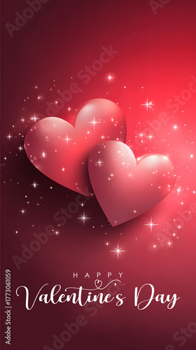 Romantic Valentineâ€™s Day greeting card with two glowing pink hearts on red background, sparkling lights and elegant typography, love holiday poster design for celebration, romance and couples theme