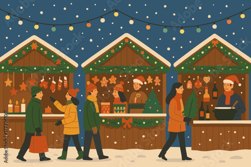 Festive Christmas market with decorated stalls and holiday shoppers