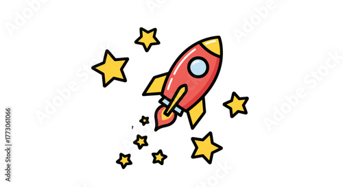 A stylized red rocket ship soars upwards, surrounded by twinkling yellow stars on a dark, cosmic background design.