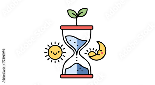 Stylized hourglass with a plant sprouting from the top, flanked by a smiling sun and moon on a transparente background.