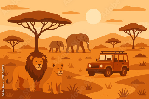 African safari adventure with lions and elephants in the savannah