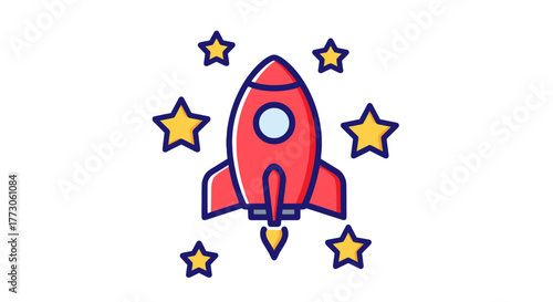 An illustration of a red rocketship ready for liftoff and surrounded by stars in a transparente background.