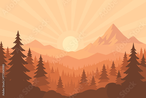Sunrise over pine forest and mountains in warm minimalist style