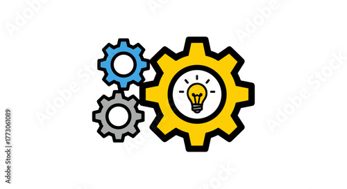Three colorful gears are depicted on a transparente background, the largest gear having a lightbulb in the center icon.