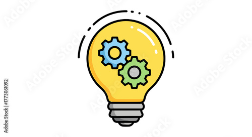 A bright lightbulb encasing interlocked gears symbolizes teamwork, innovation, and idea generation for solutions.