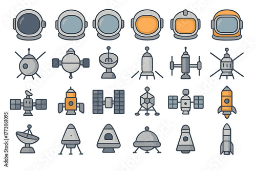 Space exploration icon set with helmets, rockets, and satellites