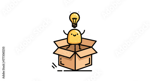 A happy, cartoonish character stands in a cardboard box with a bright light bulb floating above its head.