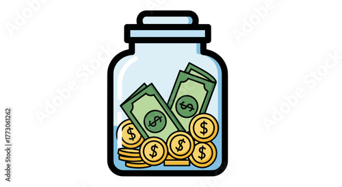 A glass jar filled with dollar bills and gold coins, perfect for illustrating money saving and financial planning.