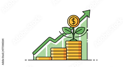 Illustrative depiction showcases a growing plant, rooted in coins, set against an upward-trending chart, for gains.