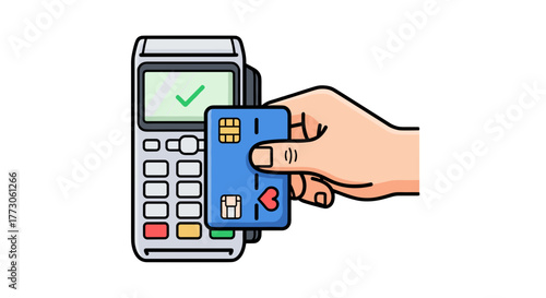 Stylized image of a hand inserting a credit card into a card reader; a checkmark on the screen indicates success.