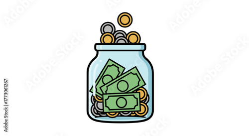 Jar full of money, coins and banknotes. Symbol of saving and accumulation. Financial concept for planning budget