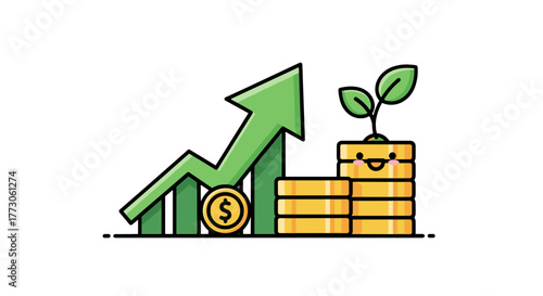 Cute illustration of growing money with a green arrow showing growth and a plant growing from a stack of money.