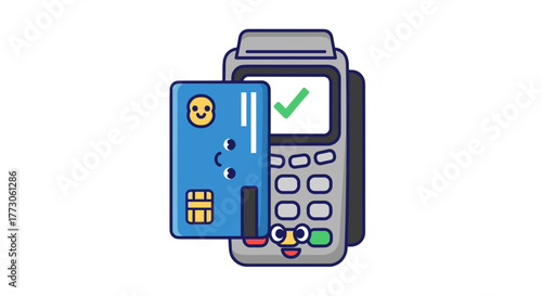 Cartoon credit card machine shows a green checkmark, indicating payment success with smiling card and machine faces.