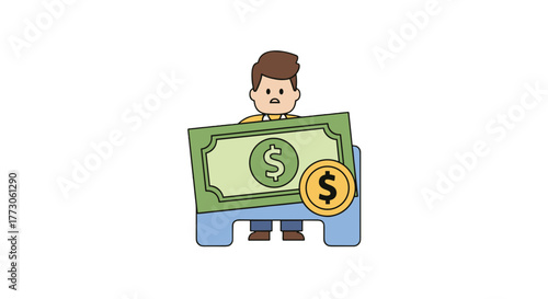 A worried cartoon man stands behind a desk with a large dollar bill and coin, symbolizing financial concerns. 