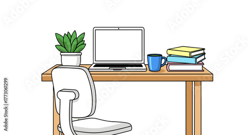 Illustration of a workspace with a laptop, books, a mug, and a plant on a desk. Minimalist and professional design.