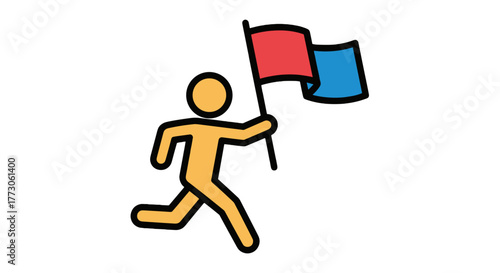 A yellow character figure is running while holding a red and blue flag against a solid transparente background. Victory concept.