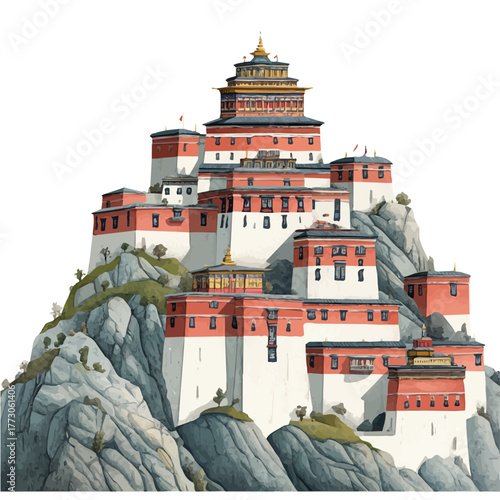 Tashilhunpo Monastery, watercolor clipart vector, isolated on a white background.