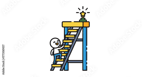 Cartoon figure climbs a ladder to reach a star trophy, symbolizing achievement and goal attainment, on a transparente background.