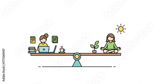 Seesaw balancing work and relaxation, showing someone working on a laptop and someone meditating under the sun.