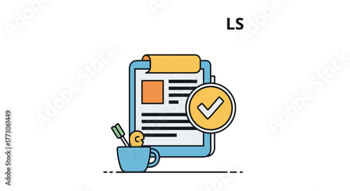 Clipboard with yellow checkmark signifies task completion, nestled near a cup with pens, denoting efficiency and organization.