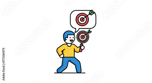 Cartoon character analyzing his goals using a magnifying glass, striving for success and achievement of ambitions.