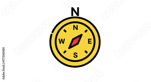 A yellow circular compass with red needle points North. It represents travel, exploration and guidance on a black ground.