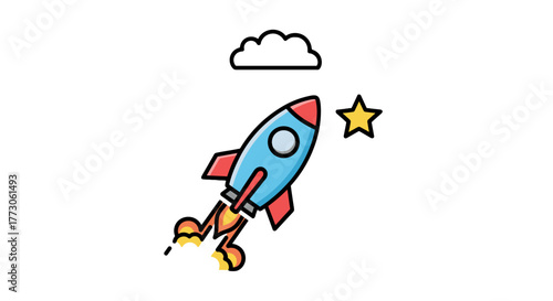 A vibrant cartoon rocket soars into the night sky, striving to achieve its dreams amidst the clouds and stars.