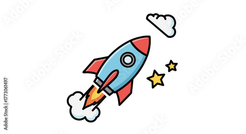 Stylized cartoon rocket taking flight toward outer space, past clouds and yellow stars, set against transparente background.